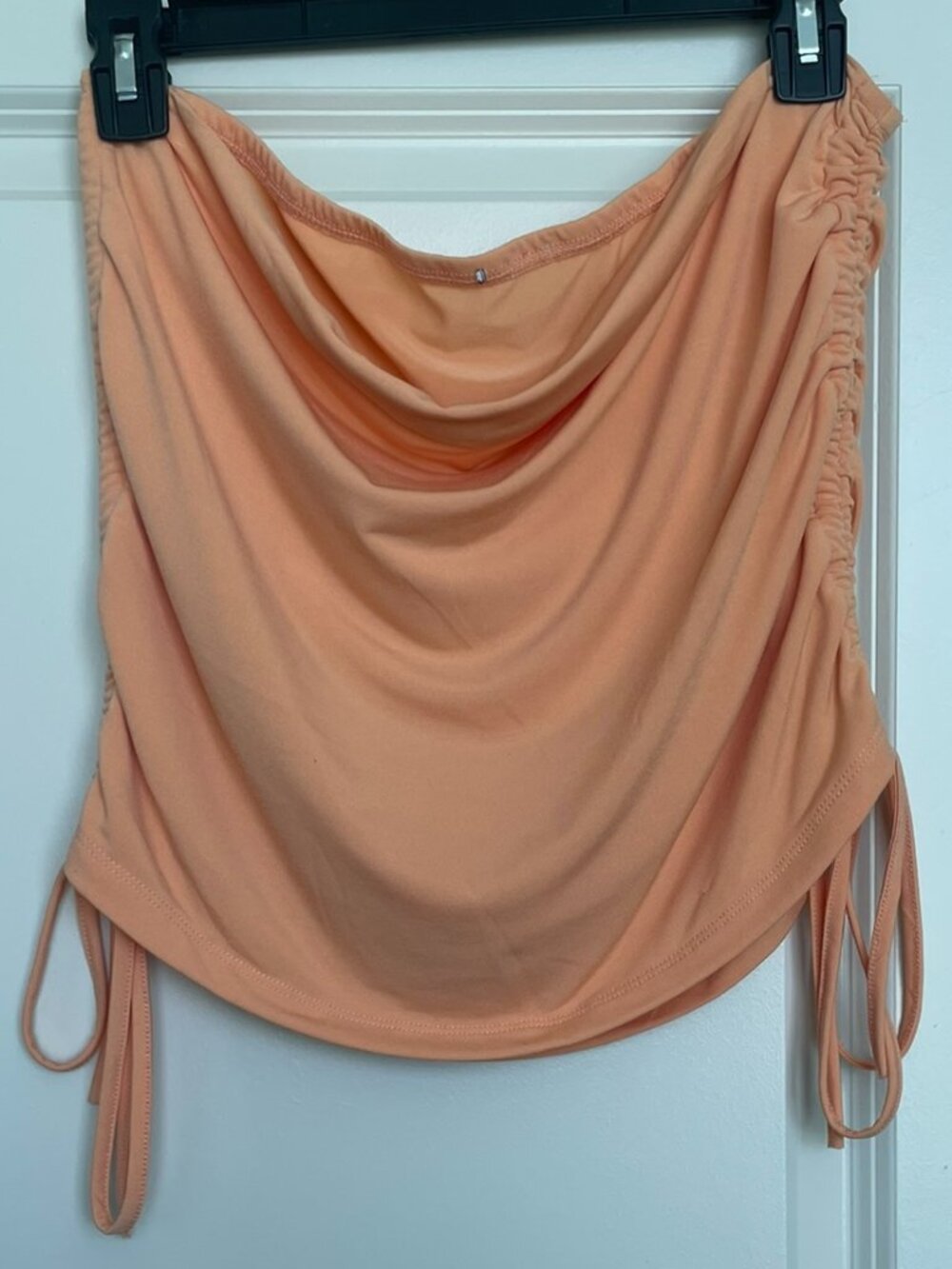 Peach Ruched Sleeveless Drawstring Top – Soft Stretch Draped Tank